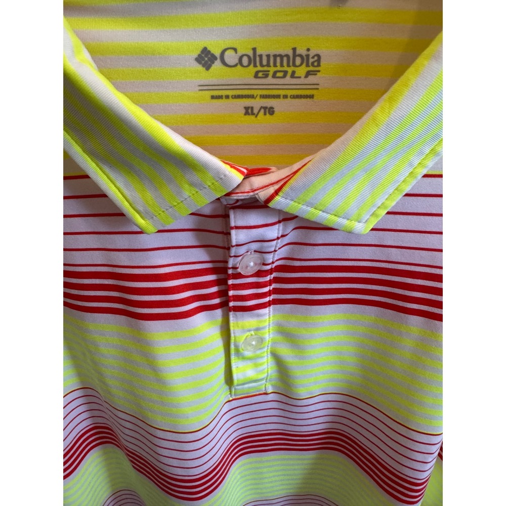 Columbia Golf Mens XL Polo Shirt Neon Yellow Red Striped Short Sleeve Tech